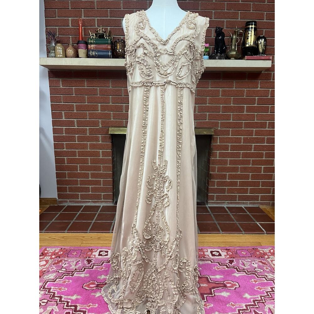 Vintage Boho Nude Pink Ruffle Maxi Dress Isabel Marant Zimmerman Style XL